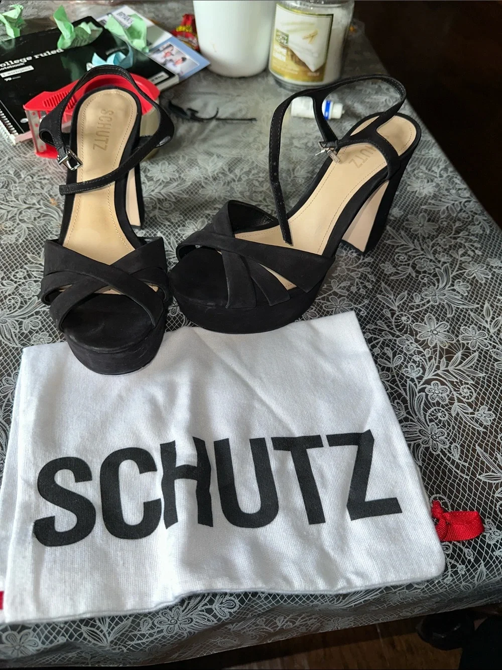 SCHUTZ Black Suede Crisscross Platform Sandals